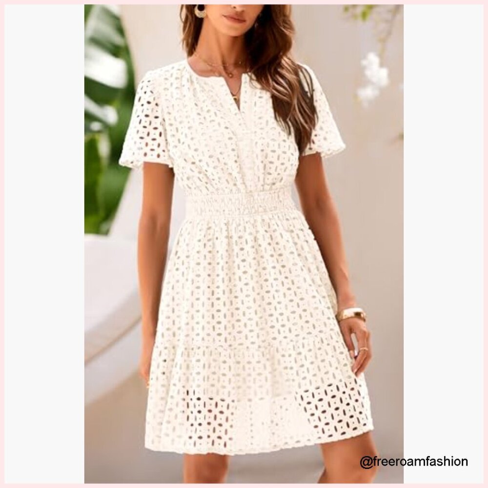 Summer A-Line V-Neck Lace Mini Dress Casual Beach Party - Picture 4 of 7